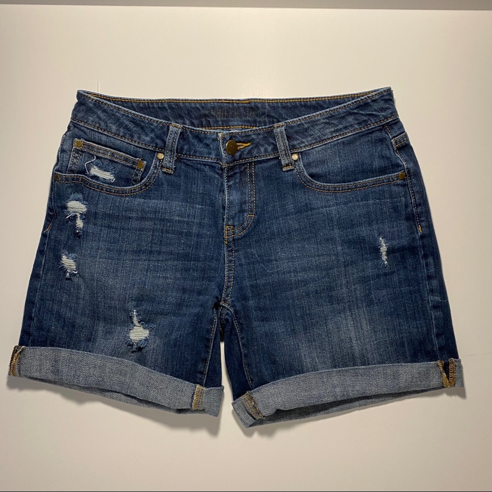 Jean shorts.  Mid waist. Distressed.